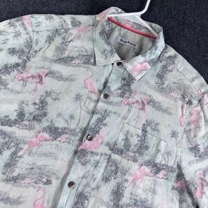 Tommy Bahama Button Mens XL Extra Large Green Pink Flamingo Silk Blend Shirt